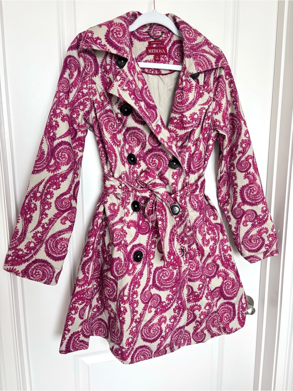 Pink Paisley Water Repellent Trench Coat Double Breasted Belted Fall Maximalism